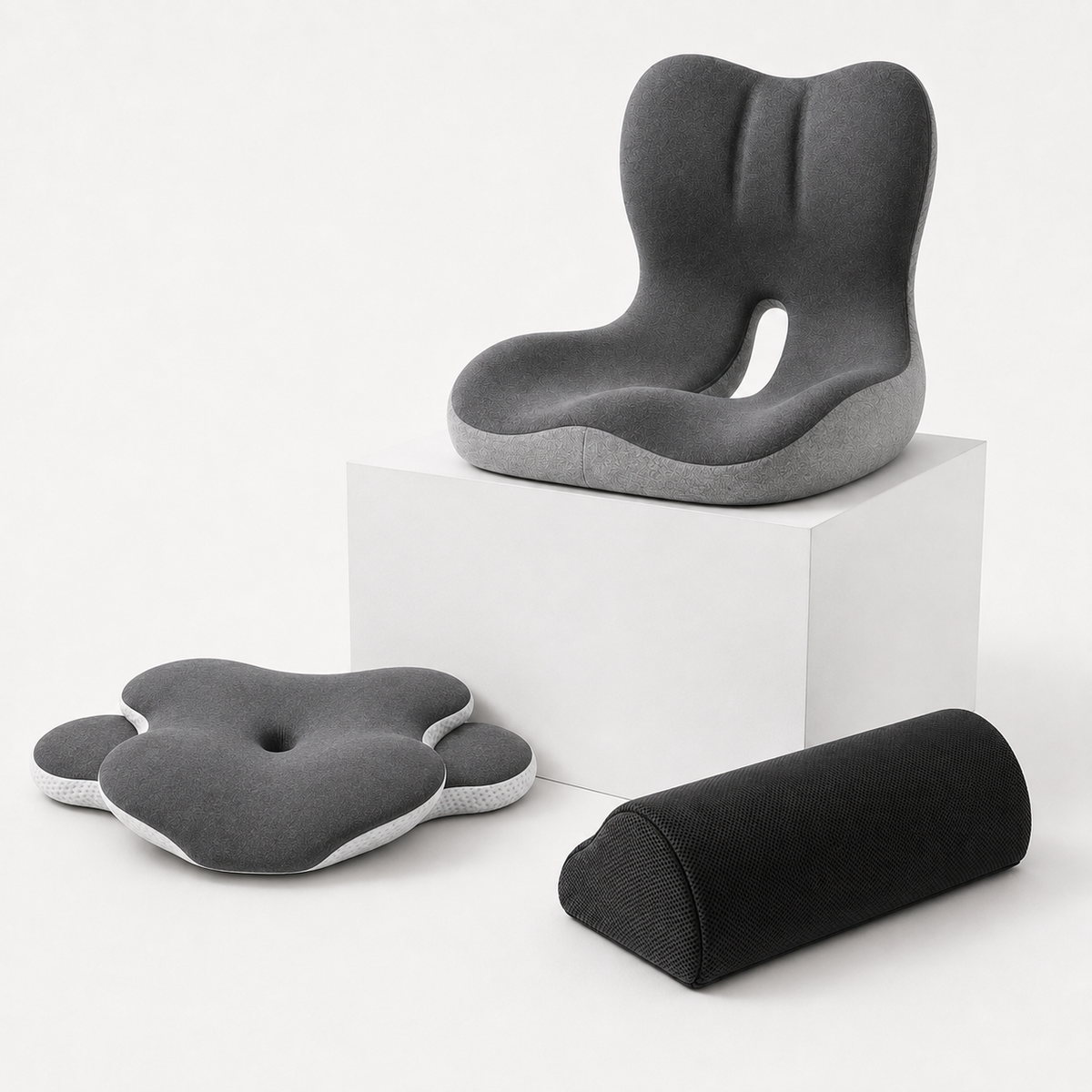 Pack Completo VELUM con cojín lumbar, almohada cervical y reposapiés ergonómico en gris y negro