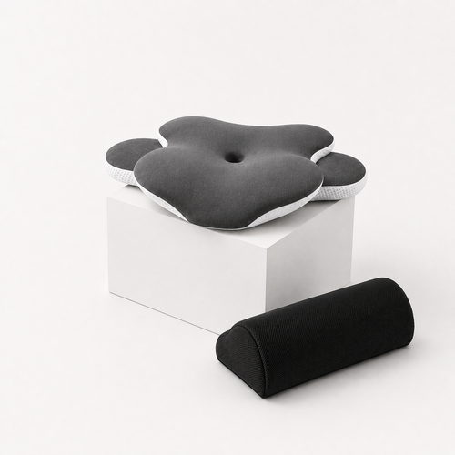 Pack Dúo VELUM con almohada cervical y reposapiés ergonómico sobre fondo claro