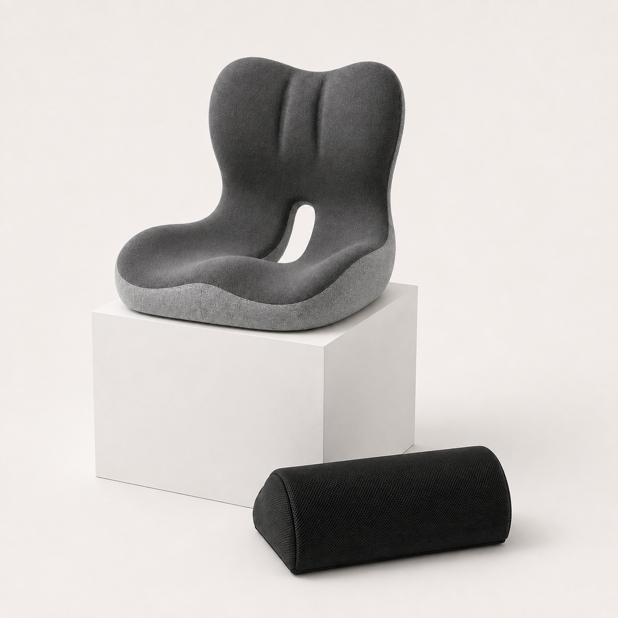 Pack Dúo VELUM con cojín lumbar en gris y reposapiés ergonómico en negro